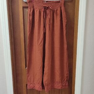 Women's Rust Rayon Pants with Lace Hem